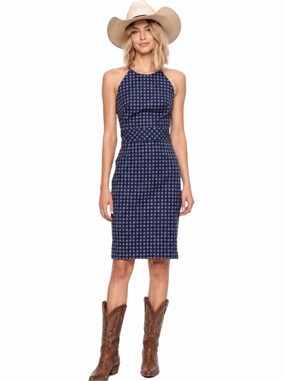 Banana Republic Navy Blue Patterned Halter Sheath Dress